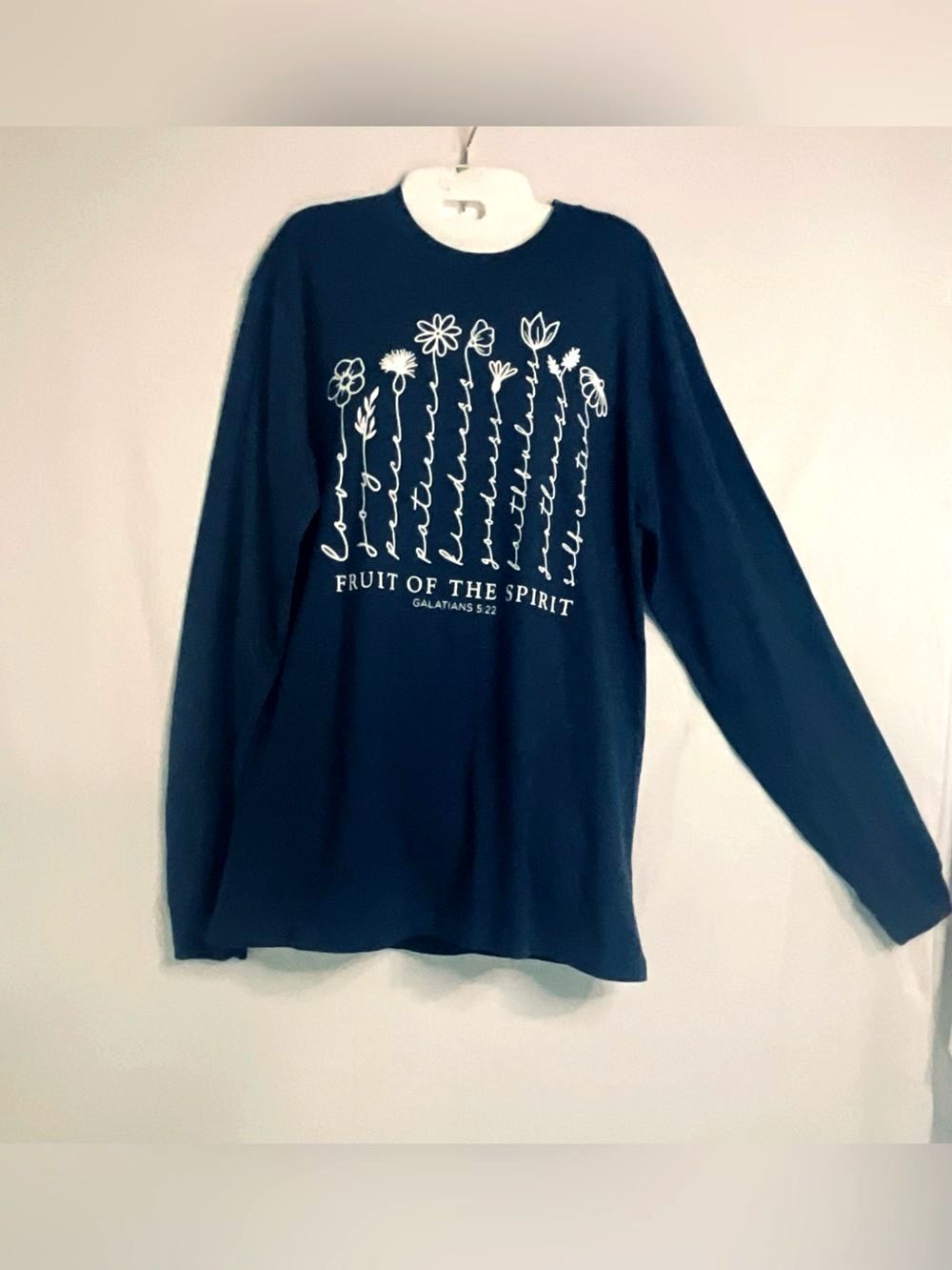 Christian Fruit of the Spirit Floral Long Sleeve Graphic Tee Shirt Medium Navy